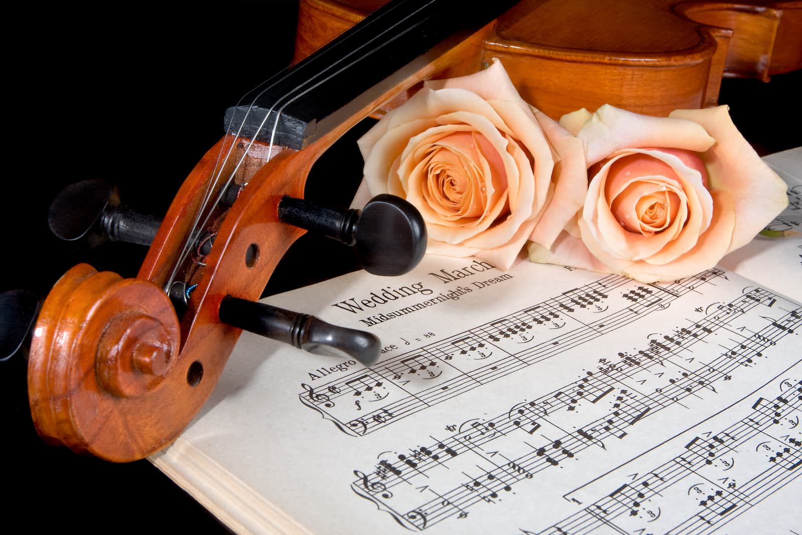 A Violin Placed On Top Of A Wedding Music Score Sheet.